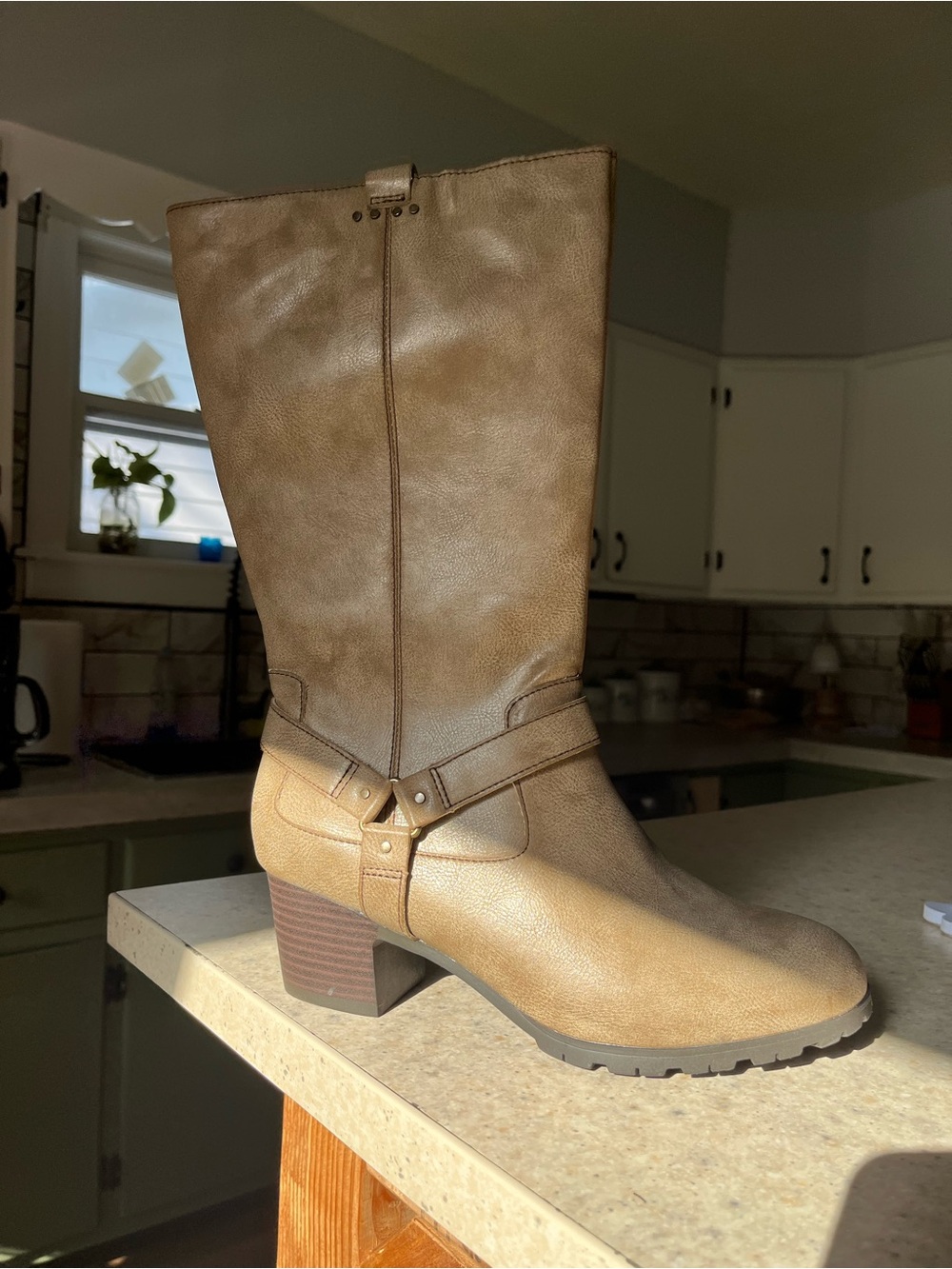 JBU Brown Mid-Calf Block Heel Harness Boot